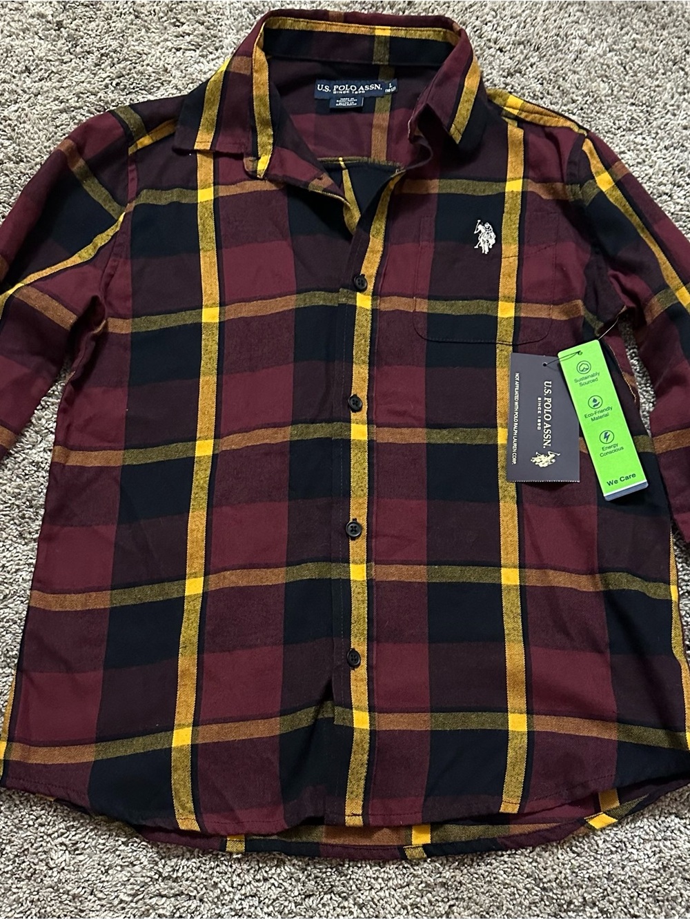 #172 U.S. Polo Assn. Men’s Burgundy, Black & Yellow Plaid Button-Down Shirt